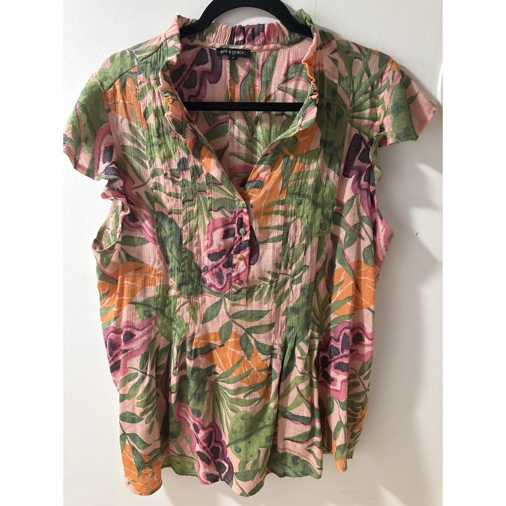 Ava & Grace Pink Floral Flutter Sleeve Chiffon Gauze Blouse XL SUMMER TROPICAL - Picture 3 of 9